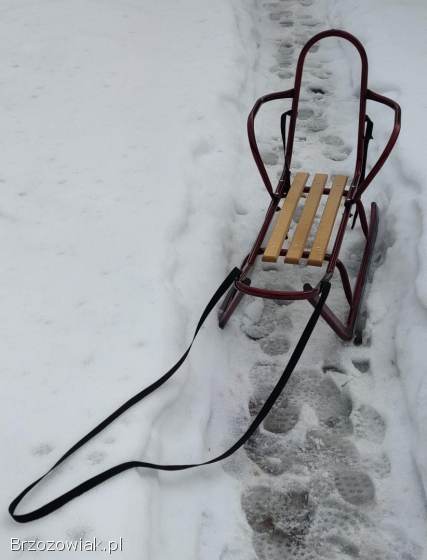 Sanki metalowe z oparciem i pchaczem z zapięciem.