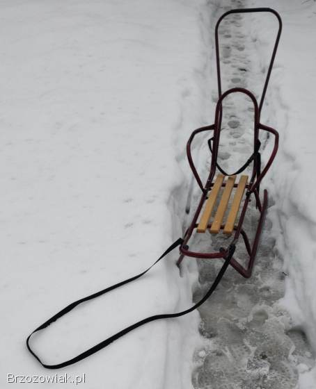 Sanki metalowe z oparciem i pchaczem z zapięciem.