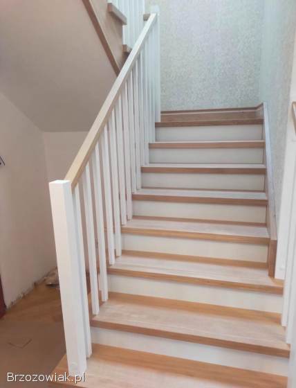Schody drewniane dębowe lite zabiegowe,  parapety,  Schody na beton