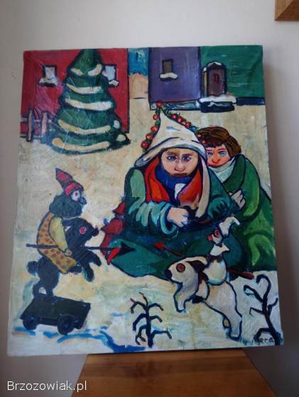 Obraz ręcznie malowany – scena zimowa – unikat