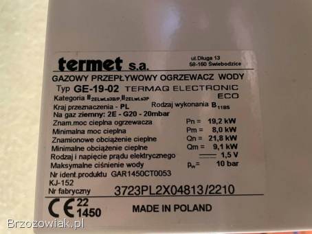 Gazowy przepływowy ogrzewacz wody firmy TERMET