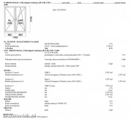 OKAZJA!  Drzwi balkonowe 1765x2100 DRUTEX IGLO ENERG CLASSIC