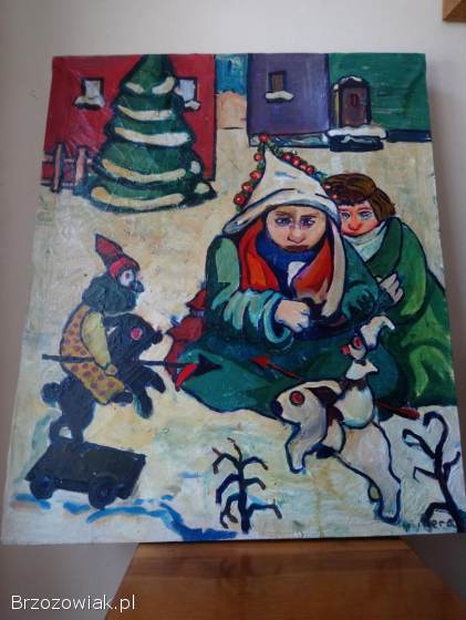 Obraz ręcznie malowany – scena zimowa – unikat