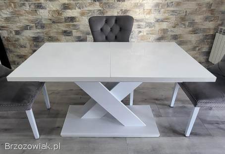 Stół rozkładany 140-180cm biały połysk BONX + Krzesła tapicerowane glamur kołatk