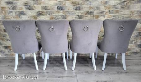 Stół rozkładany 140-180cm biały połysk BONX + Krzesła tapicerowane glamur kołatk