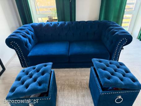 Elegancki komplet wypoczynkowy Chesterfield – sofa 3 plus sofa 2 plus 2 pufy
