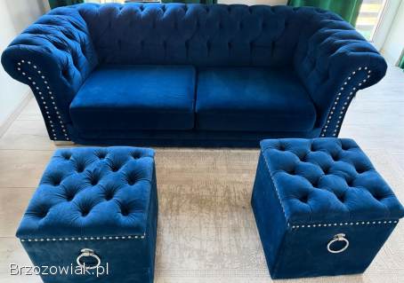 Elegancki komplet wypoczynkowy Chesterfield – sofa 3 plus sofa 2 plus 2 pufy