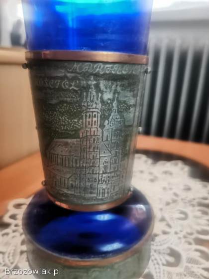 Flakon niebieskie szkło,  zabytkowy zdobiony PRL