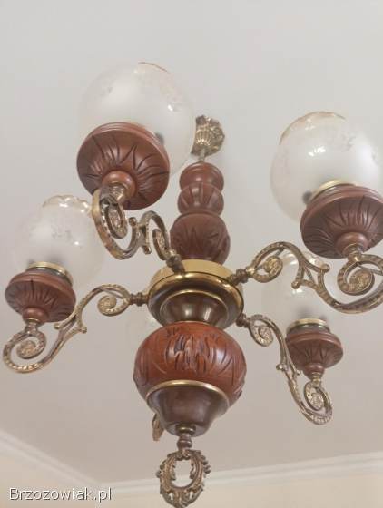 Żyrandol piękny mosiądz drewno retro luksusowy lampa