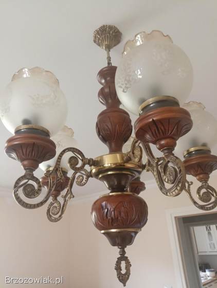Żyrandol piękny mosiądz drewno retro luksusowy lampa