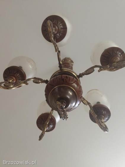 Żyrandol piękny mosiądz drewno retro luksusowy lampa