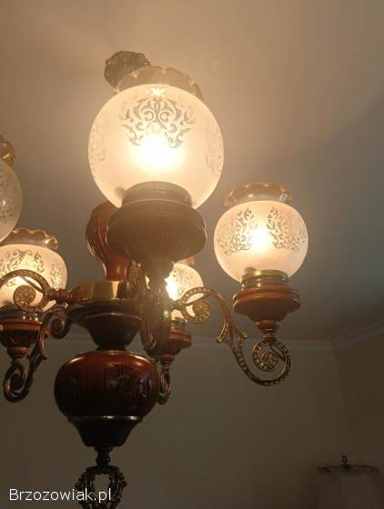 Żyrandol piękny mosiądz drewno retro luksusowy lampa