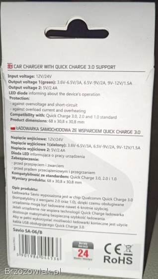 Ładowarka samochodowa Savio SA-06B Quick Charge 3.  0A