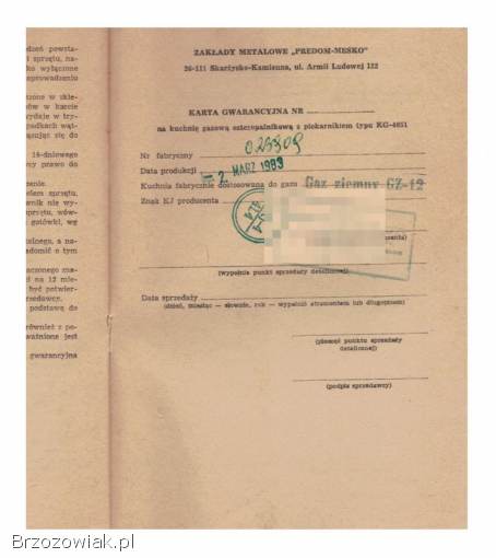 Instrukcja z podbitą gwarancją Predom Mesko kuchnia gazowa KG-4651 PRL 1983 rok
