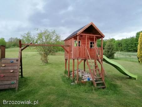 Domek dla dzieci drewniany ze zjeżdżalnią i wspinaczką plac zabaw,  ogrodowy