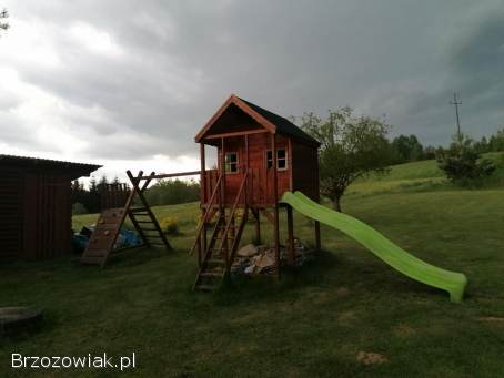 Domek dla dzieci drewniany ze zjeżdżalnią i wspinaczką plac zabaw,  ogrodowy